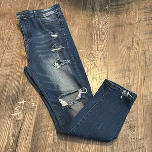 High Rise Blue Jeans with Distressed Details